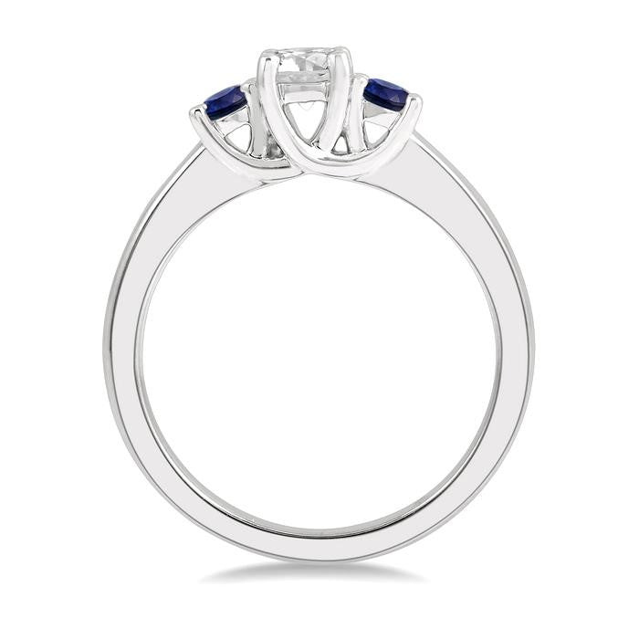 2.70 MM Round Shape Sapphire and 1/3 Ctw Past, Present and Future Round Cut Diamond Precious Ring in 14K White Gold