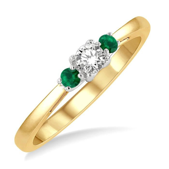 2.15 MM Round Shape Emerald and 1/6 Ctw Past, Present and Future Round Cut Diamond Precious Ring in 14K Yellow and White Gold