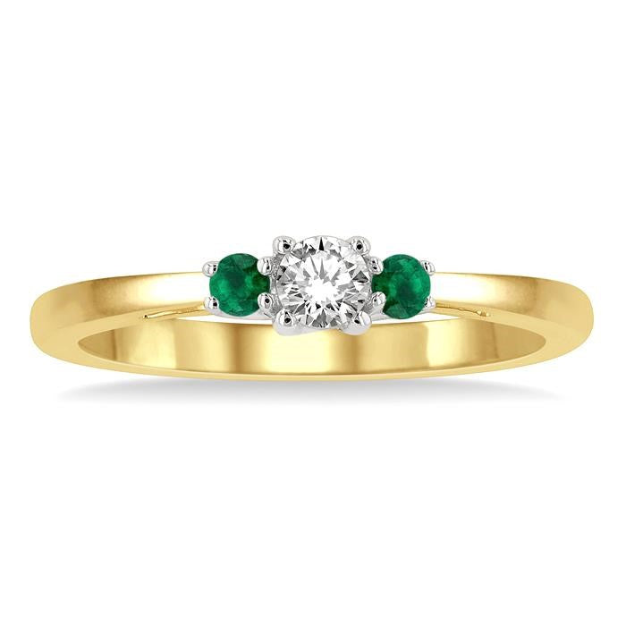 2.15 MM Round Shape Emerald and 1/6 Ctw Past, Present and Future Round Cut Diamond Precious Ring in 14K Yellow and White Gold
