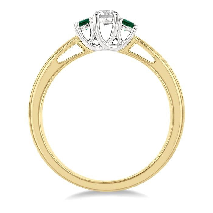 2.15 MM Round Shape Emerald and 1/6 Ctw Past, Present and Future Round Cut Diamond Precious Ring in 14K Yellow and White Gold