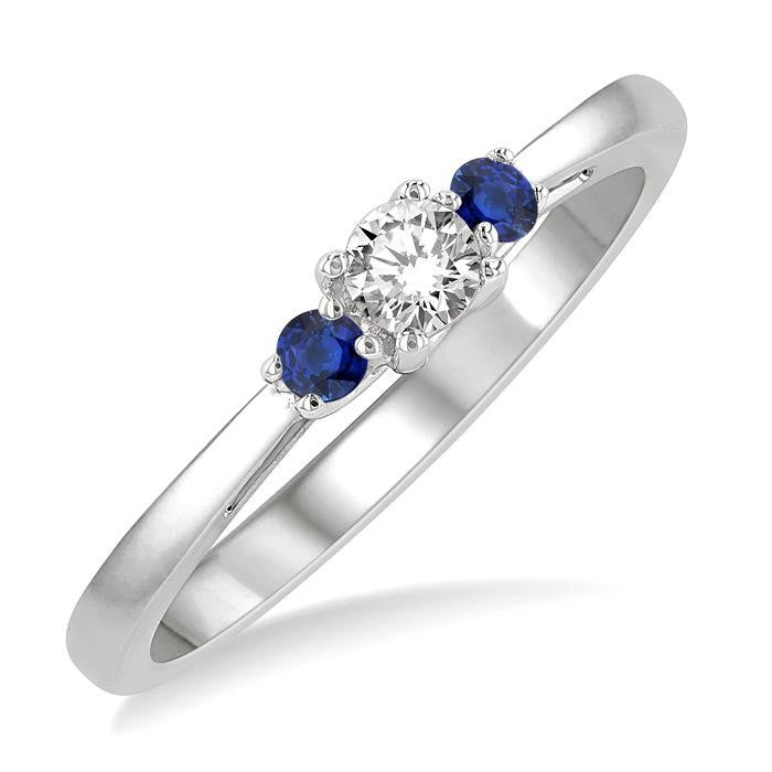 2.15 MM Round Shape Sapphire and 1/6 Ctw Past, Present and Future Round Cut Diamond Precious Ring in 14K White Gold
