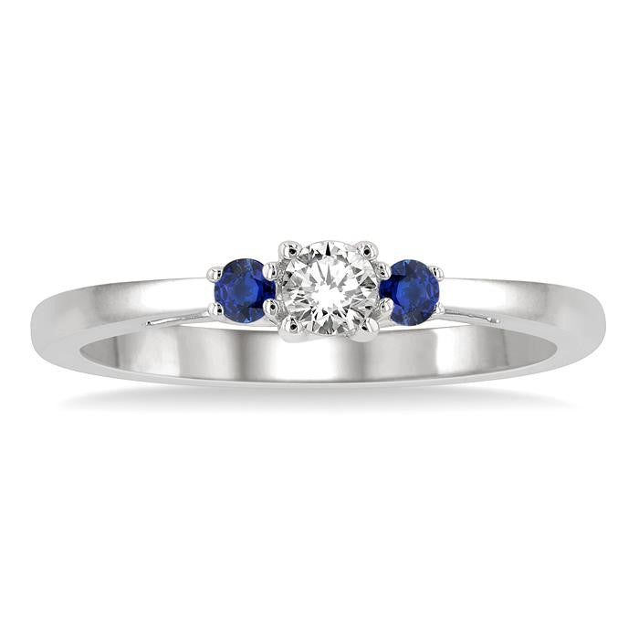 2.15 MM Round Shape Sapphire and 1/6 Ctw Past, Present and Future Round Cut Diamond Precious Ring in 14K White Gold