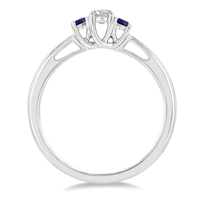 2.15 MM Round Shape Sapphire and 1/6 Ctw Past, Present and Future Round Cut Diamond Precious Ring in 14K White Gold