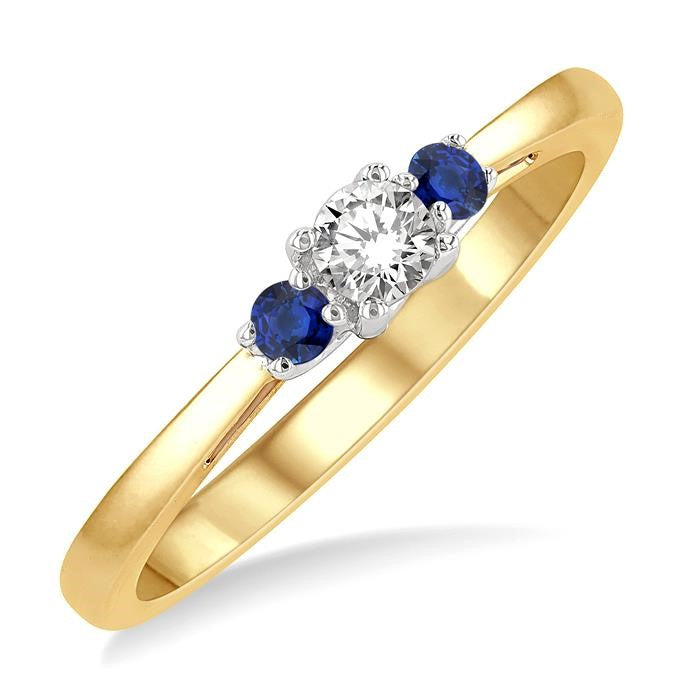 2.15 MM Round Shape Sapphire and 1/6 Ctw Past, Present and Future Round Cut Diamond Precious Ring in 14K Yellow and White Gold