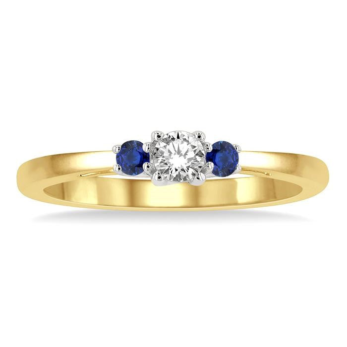 2.15 MM Round Shape Sapphire and 1/6 Ctw Past, Present and Future Round Cut Diamond Precious Ring in 14K Yellow and White Gold