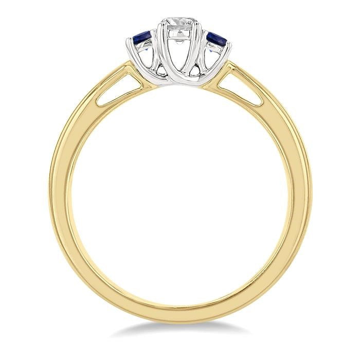 2.15 MM Round Shape Sapphire and 1/6 Ctw Past, Present and Future Round Cut Diamond Precious Ring in 14K Yellow and White Gold