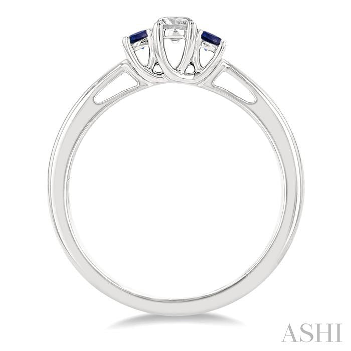 2.15 MM Round Shape Sapphire and 1/6 Ctw Past, Present and Future Round Cut Diamond Precious Ring in 14K White Gold