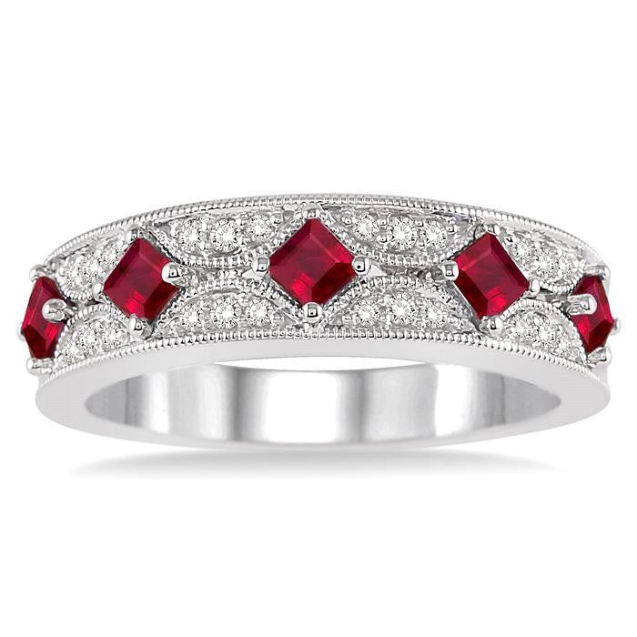 2.5 MM Princess Cut Ruby and 1/6 Ctw Round Cut Diamond Precious Band in 14K White Gold