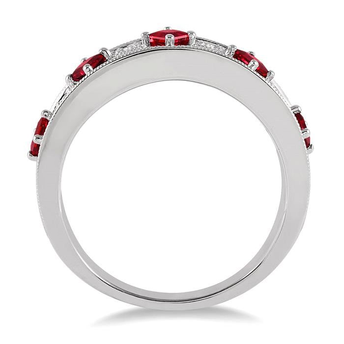 2.5 MM Princess Cut Ruby and 1/6 Ctw Round Cut Diamond Precious Band in 14K White Gold