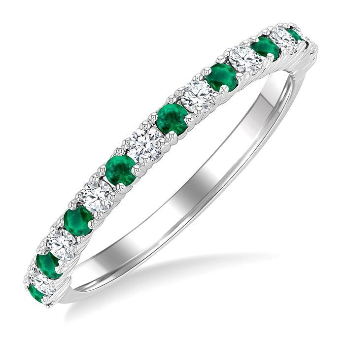 1.80 MM Round Shape Emerald and 1/4 Ctw Round Cut Diamond Precious Stack Band in 10K White Gold