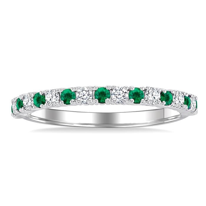 1.80 MM Round Shape Emerald and 1/4 Ctw Round Cut Diamond Precious Stack Band in 10K White Gold