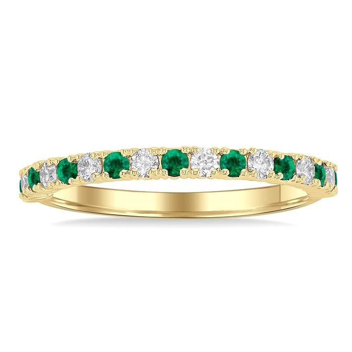 1.80 MM Round Shape Emerald and 1/4 Ctw Round Cut Diamond Precious Stack Band in 10K Yellow Gold