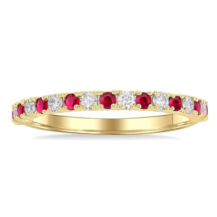 1.80 MM Round Shape Ruby and 1/4 Ctw Round Cut Diamond Precious Stack Band in 10K Yellow Gold