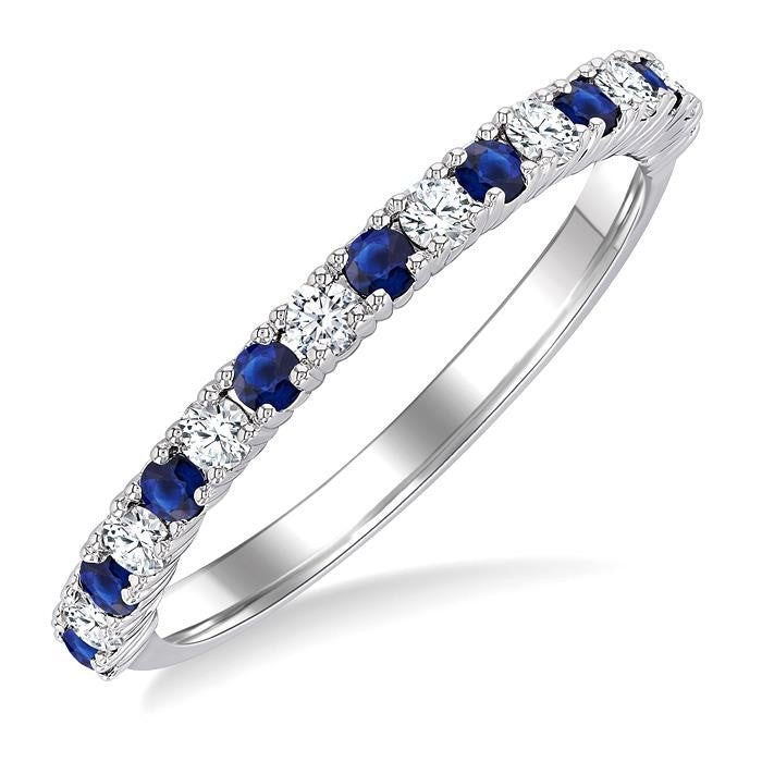 1.80 MM Round Shape Sapphire and 1/4 Ctw Round Cut Diamond Precious Stack Band in 10K White Gold