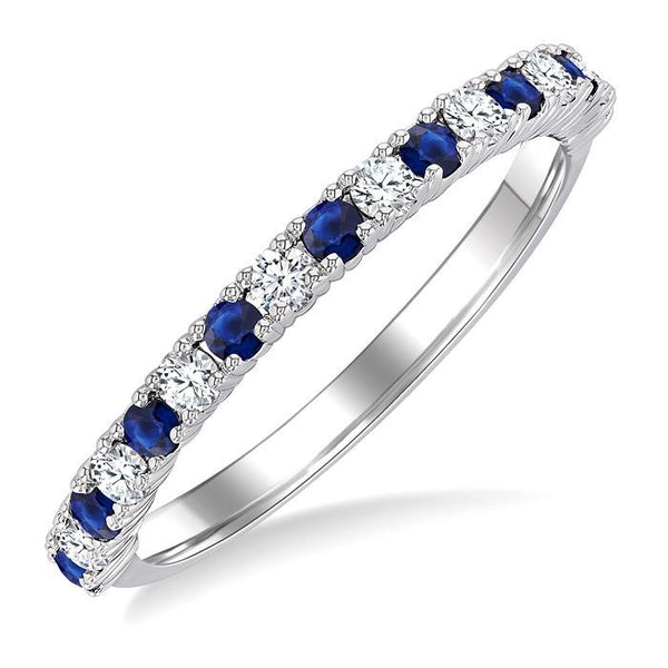 1.80 MM Round Shape Sapphire and 1/4 Ctw Round Cut Diamond Precious Stack Band in 10K White Gold
