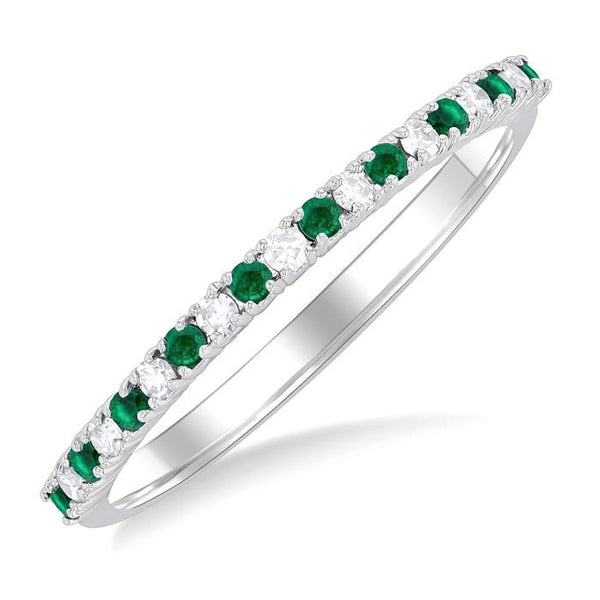 1.35 MM Round Cut Emerald and 1/10 Ctw Petite Round Cut Diamond Precious Stack Band in 10K White Gold
