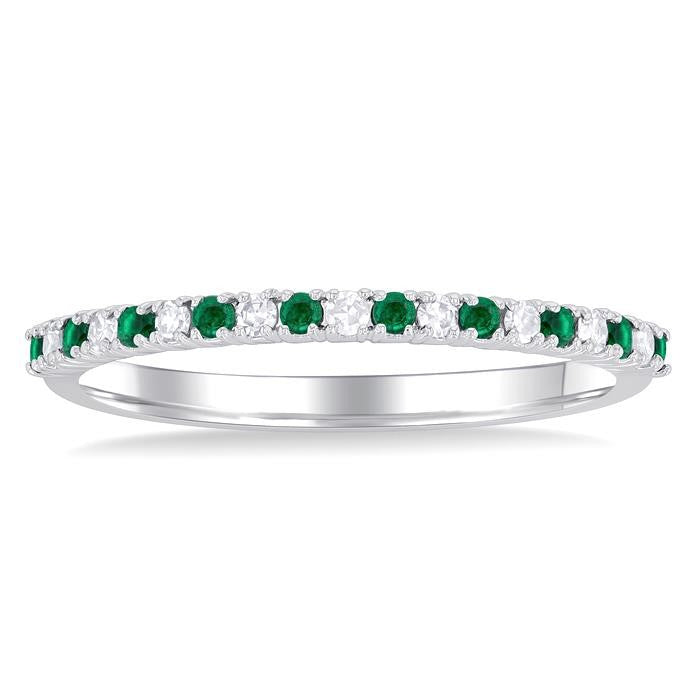1.35 MM Round Cut Emerald and 1/10 Ctw Petite Round Cut Diamond Precious Stack Band in 10K White Gold