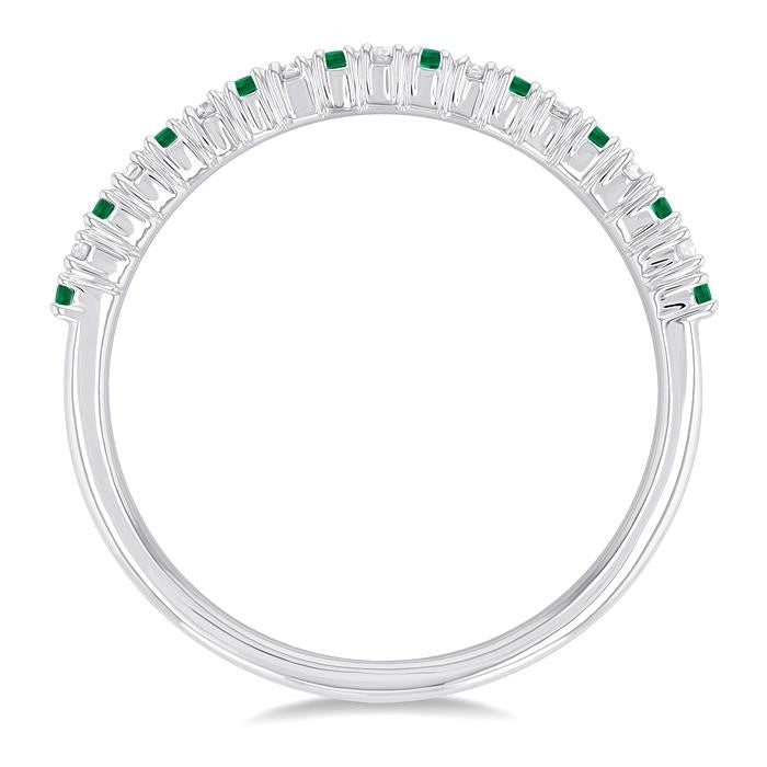 1.35 MM Round Cut Emerald and 1/10 Ctw Petite Round Cut Diamond Precious Stack Band in 10K White Gold