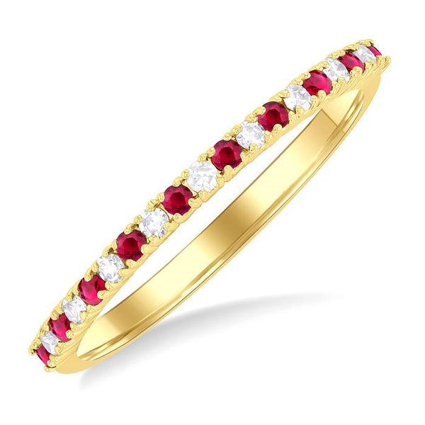 1.35 MM Round Shape Ruby and 1/10 Ctw Petite Round Cut Diamond Precious Stack Band in 10K Yellow Gold