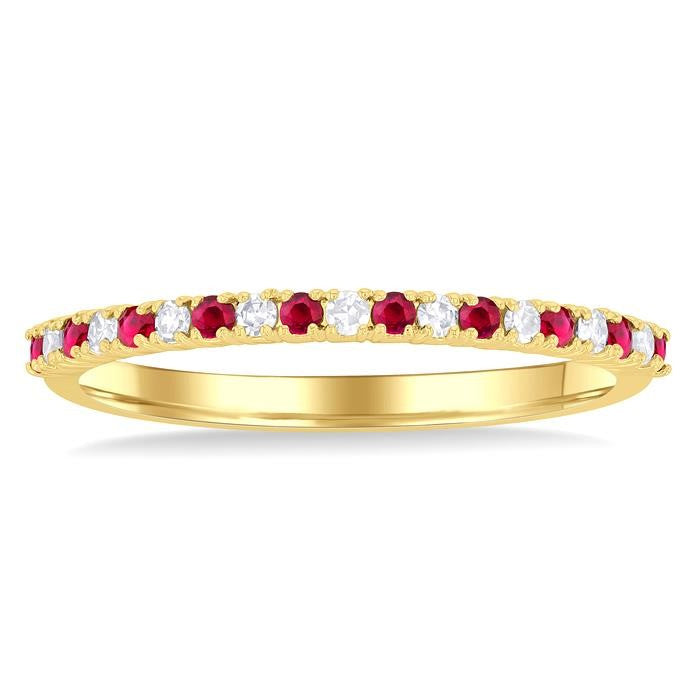1.35 MM Round Shape Ruby and 1/10 Ctw Petite Round Cut Diamond Precious Stack Band in 10K Yellow Gold