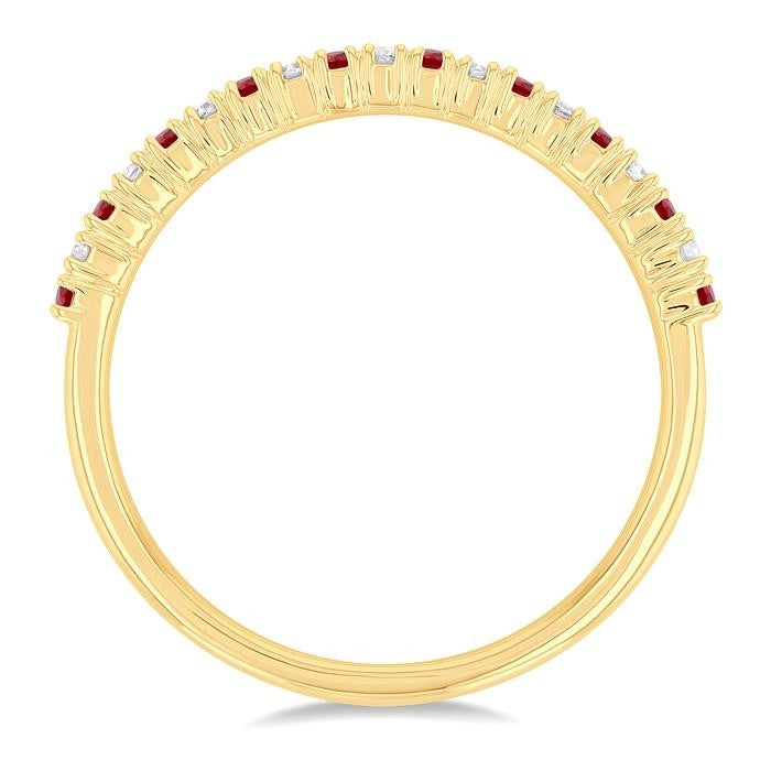 1.35 MM Round Shape Ruby and 1/10 Ctw Petite Round Cut Diamond Precious Stack Band in 10K Yellow Gold