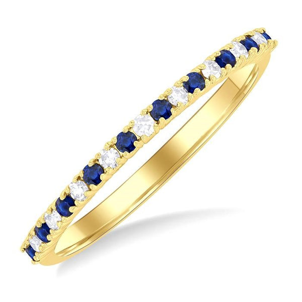 1.35 MM Round Shape Sapphire and 1/10 Ctw Round Cut Diamond Petite Precious Stack Band in 10K Yellow Gold