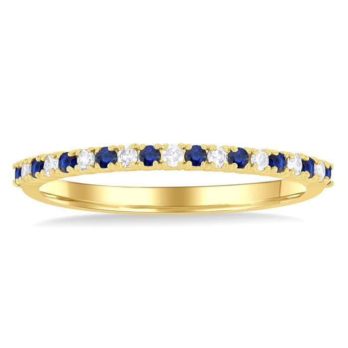 1.35 MM Round Shape Sapphire and 1/10 Ctw Round Cut Diamond Petite Precious Stack Band in 10K Yellow Gold