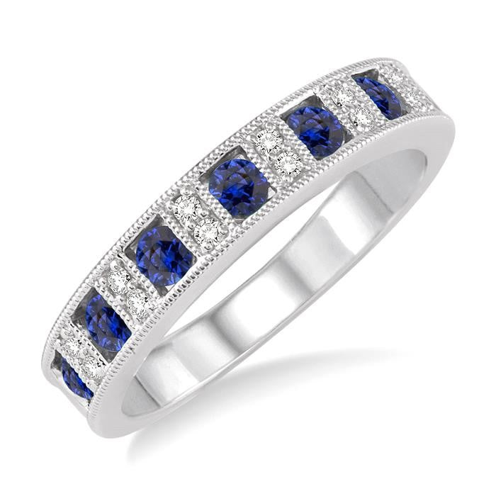 2.5 MM Round Cut Sapphire and 1/10 Ctw Round Cut Diamond Precious Band in 14K White Gold