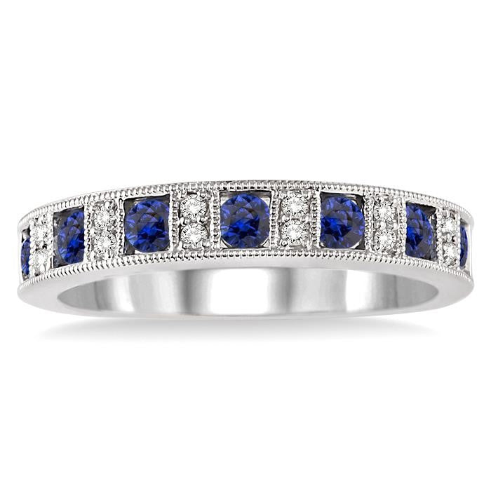 2.5 MM Round Cut Sapphire and 1/10 Ctw Round Cut Diamond Precious Band in 14K White Gold
