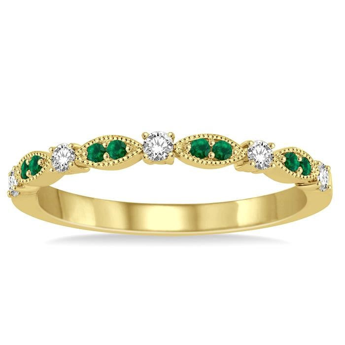 1.35 MM Emerald and 1/6 Ctw Round Cut Diamond Precious Stone Wedding Band in 14K Yellow Gold