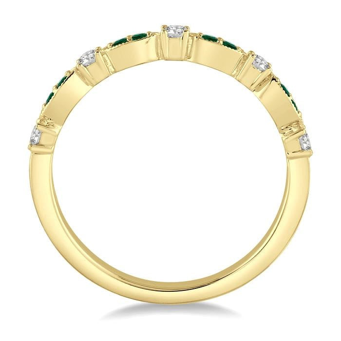 1.35 MM Emerald and 1/6 Ctw Round Cut Diamond Precious Stone Wedding Band in 14K Yellow Gold