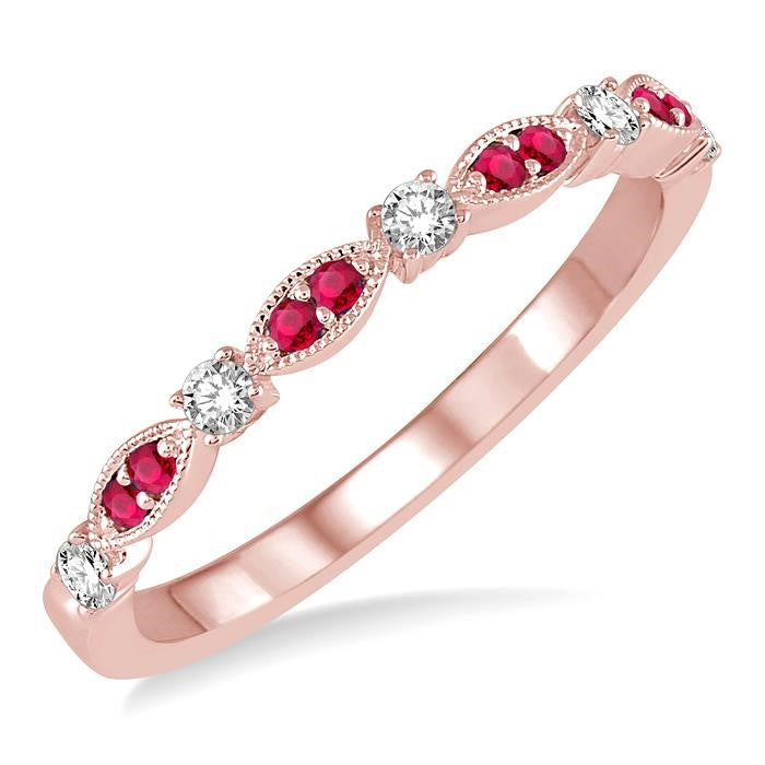 1.35 MM Ruby and 1/6 Ctw Round Cut Diamond Precious Stone Wedding Band in 14K Rose Gold