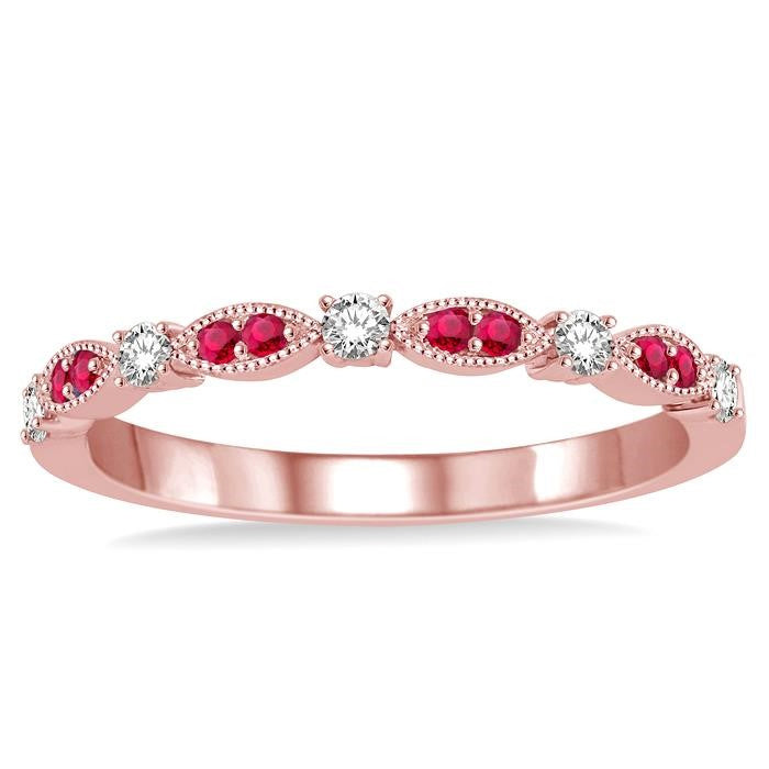 1.35 MM Ruby and 1/6 Ctw Round Cut Diamond Precious Stone Wedding Band in 14K Rose Gold