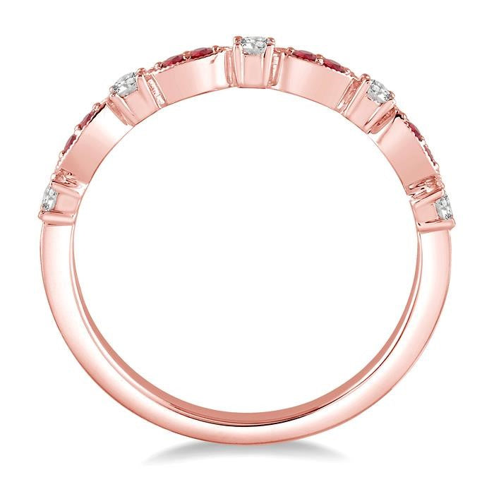 1.35 MM Ruby and 1/6 Ctw Round Cut Diamond Precious Stone Wedding Band in 14K Rose Gold