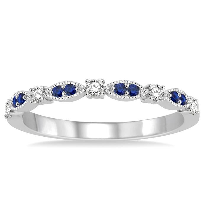 1.35 MM Sapphire and 1/6 Ctw Round Cut Diamond Precious Stone Wedding Band in 14K White Gold