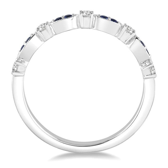 1.35 MM Sapphire and 1/6 Ctw Round Cut Diamond Precious Stone Wedding Band in 14K White Gold