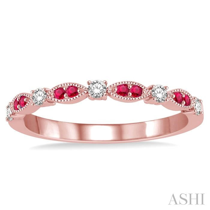 1.35 MM Ruby and 1/6 Ctw Round Cut Diamond Precious Stone Wedding Band in 14K Rose Gold