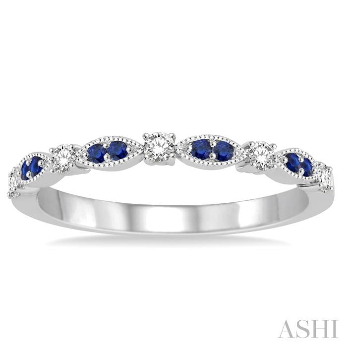 1.35 MM Sapphire and 1/6 Ctw Round Cut Diamond Precious Stone Wedding Band in 14K White Gold