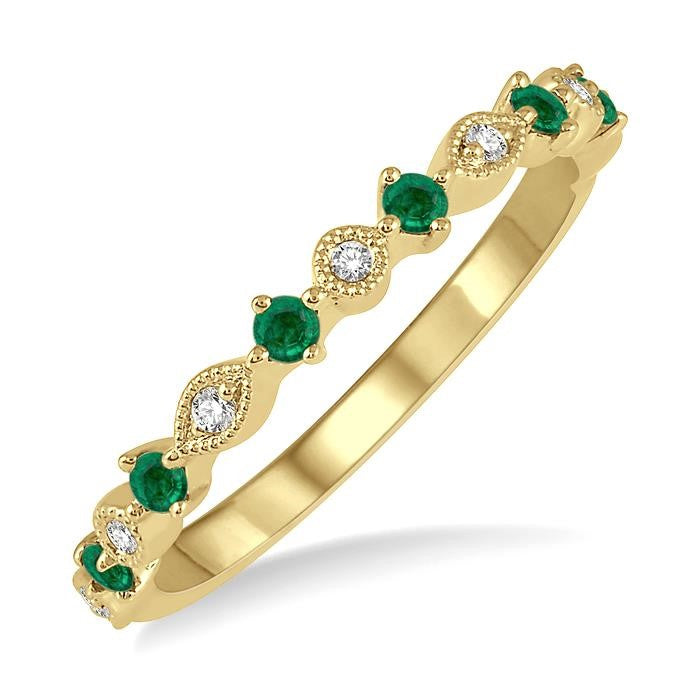 1.8 MM Round Cut Emerald and 1/20 Ctw Round Cut Diamond Precious Half Eternity Wedding Band in 14K Yellow Gold