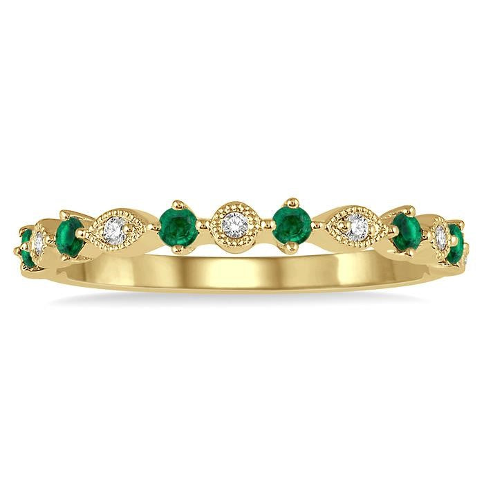 1.8 MM Round Cut Emerald and 1/20 Ctw Round Cut Diamond Precious Half Eternity Wedding Band in 14K Yellow Gold