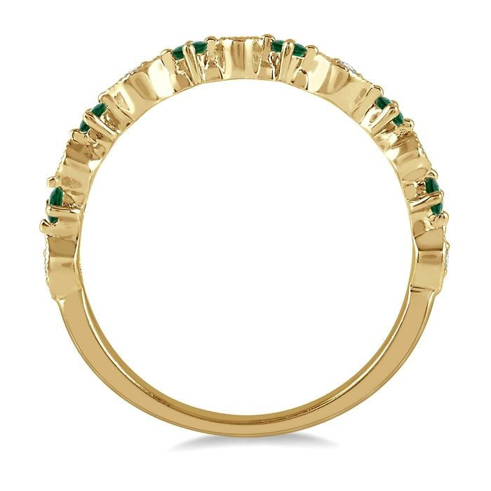 1.8 MM Round Cut Emerald and 1/20 Ctw Round Cut Diamond Precious Half Eternity Wedding Band in 14K Yellow Gold