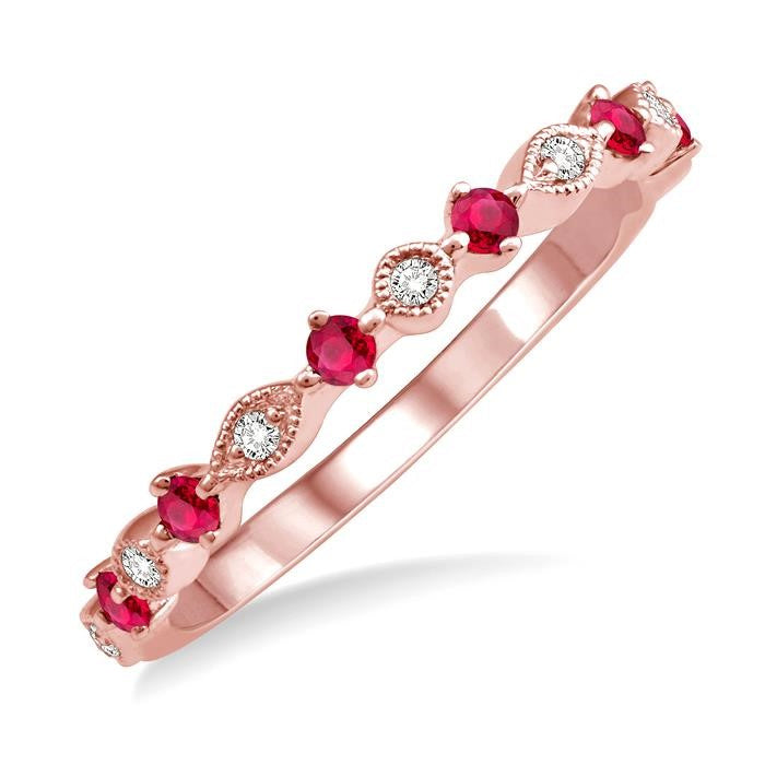1.8 MM Round Cut Ruby and 1/20 Ctw Round Cut Diamond Precious Half Eternity Wedding Band in 14K Rose Gold
