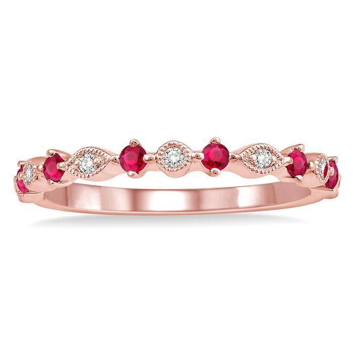 1.8 MM Round Cut Ruby and 1/20 Ctw Round Cut Diamond Precious Half Eternity Wedding Band in 14K Rose Gold
