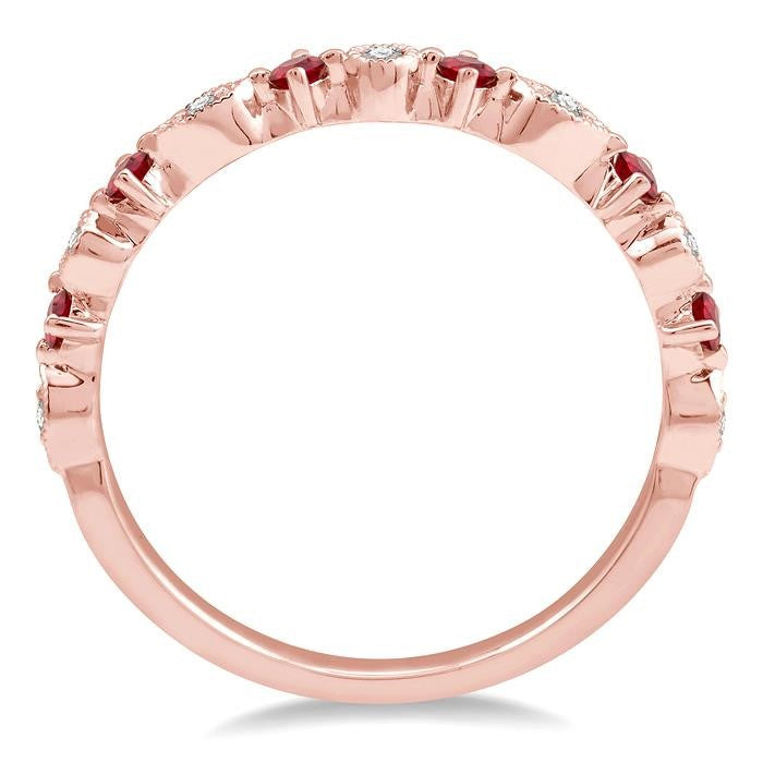 1.8 MM Round Cut Ruby and 1/20 Ctw Round Cut Diamond Precious Half Eternity Wedding Band in 14K Rose Gold