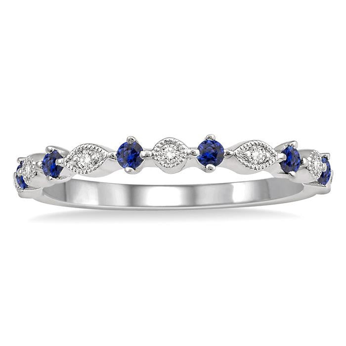 1.8 MM Round Cut Sapphire and 1/20 Ctw Round Cut Diamond Precious Half Eternity Wedding Band in 14K White Gold
