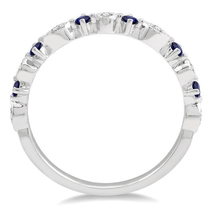 1.8 MM Round Cut Sapphire and 1/20 Ctw Round Cut Diamond Precious Half Eternity Wedding Band in 14K White Gold