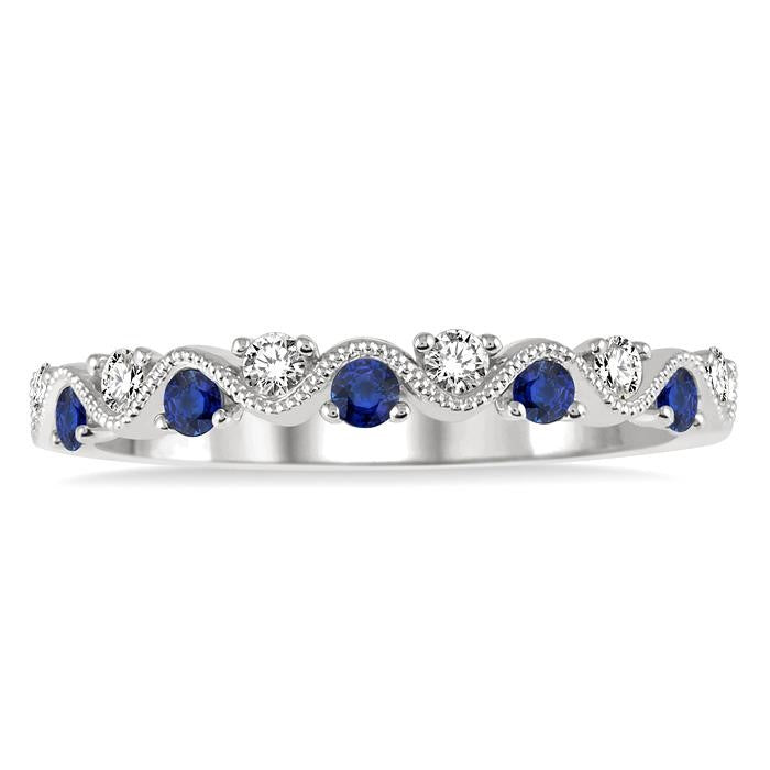 1.8 MM Sapphire and 1/6 Ctw Round Cut Diamond Precious Waves Wedding Band in 14K White Gold