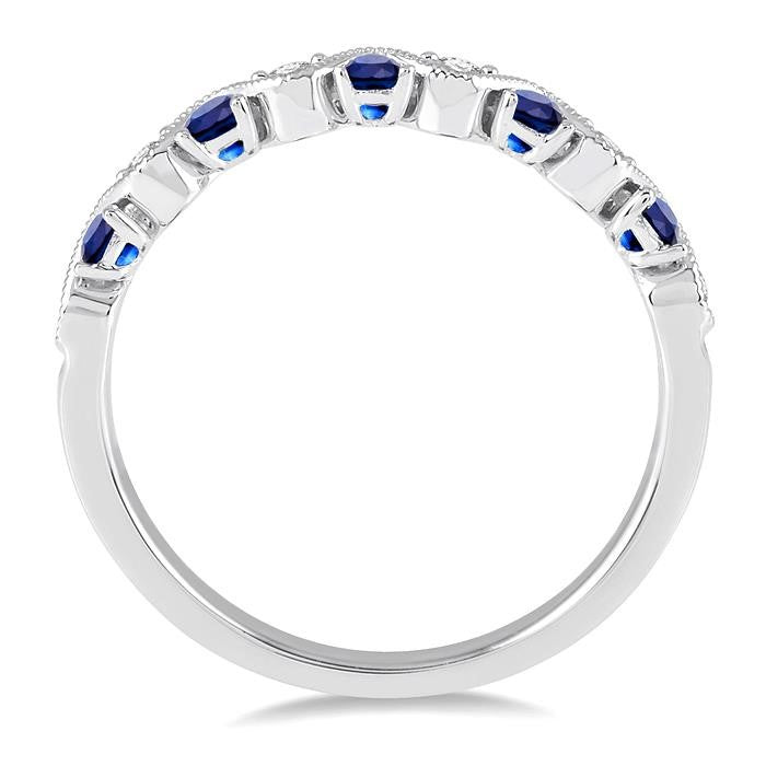 1.8 MM Sapphire and 1/6 Ctw Round Cut Diamond Precious Waves Wedding Band in 14K White Gold