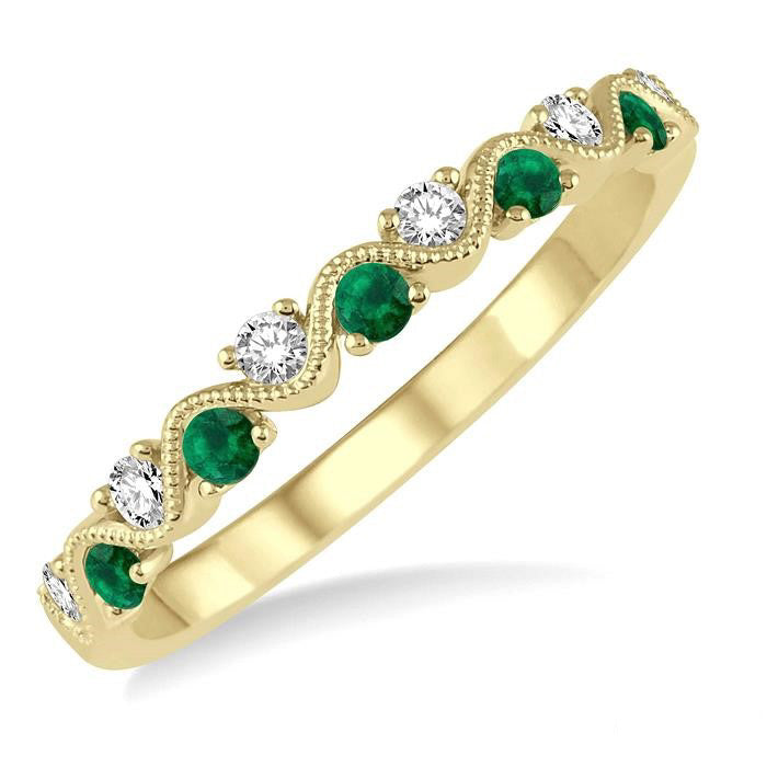 1.8 MM Emerald and 1/6 Ctw Round Cut Diamond Precious Waves Wedding Band in 14K Yellow Gold