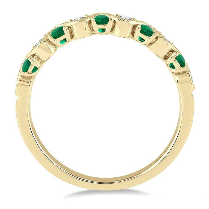 1.8 MM Emerald and 1/6 Ctw Round Cut Diamond Precious Waves Wedding Band in 14K Yellow Gold